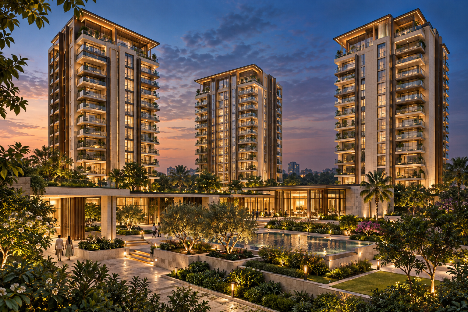 Three residential towers around an illuminated podium terrace with a pool and landscaped gardens at dusk