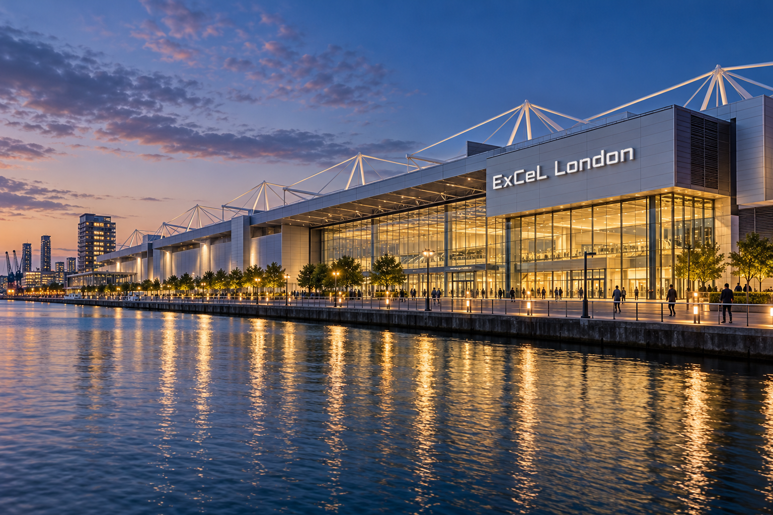 ExCeL London seen across the Royal Victoria Dock at dusk, its glass facade lit from within